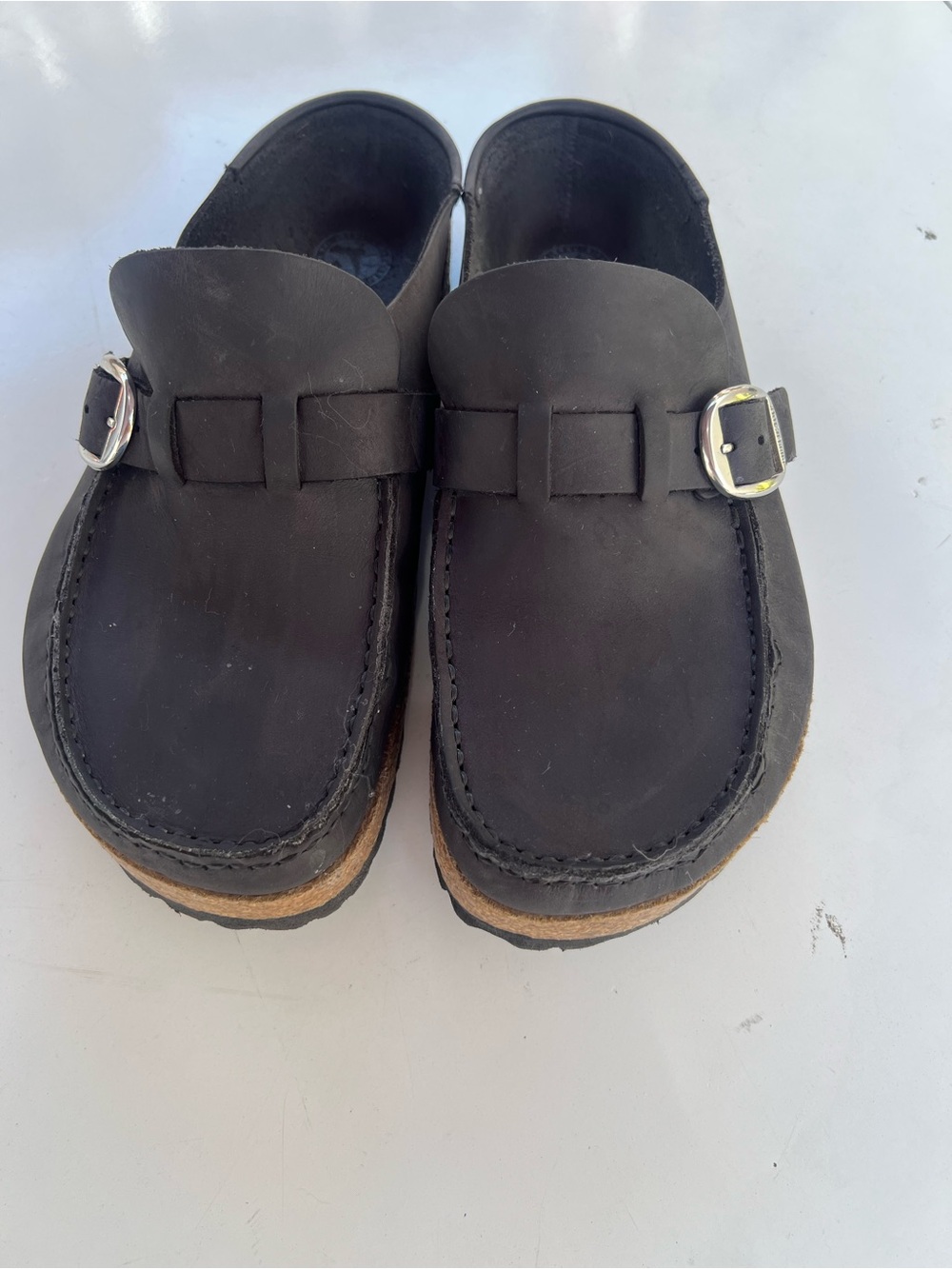 Birkenstock Black Leather Clog-Style Flats with Silver Buckles